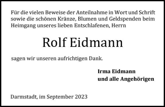 Traueranzeige von Rolf Eidmann von Darmstädter Echo