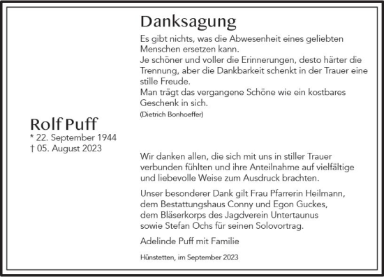 Traueranzeige von Rolf Puff von Wiesbadener Kurier