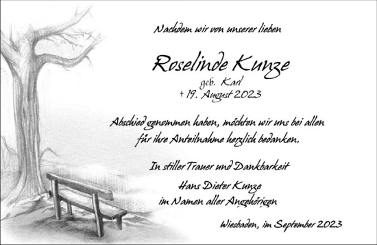 Traueranzeige von Roselinde Kunze von Wiesbadener Kurier
