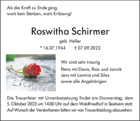 Traueranzeige von Roswitha Schirmer von Darmstädter Echo
