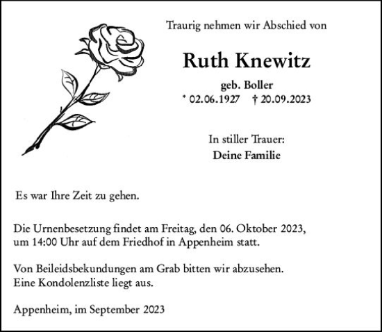 Traueranzeige von Ruth Knewitz von Allgemeine Zeitung Bingen/Ingelheim