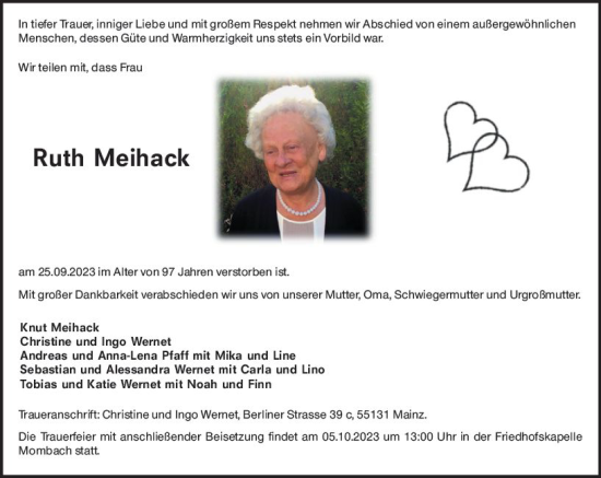 Traueranzeige von Ruth Meihack von Allgemeine Zeitung Mainz