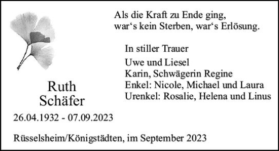 Traueranzeige von Ruth Schäfer von Rüsselsheimer Echo