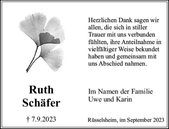 Traueranzeige von Ruth Schäfer von Rüsselsheimer Echo