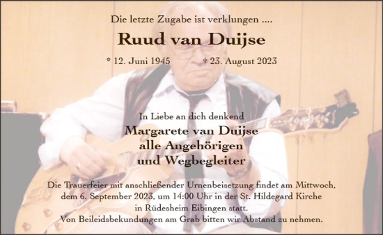 Traueranzeige von Ruud van Duijse von Wiesbadener Kurier