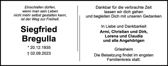 Traueranzeige von Siegfried Bregulla von Darmstädter Echo