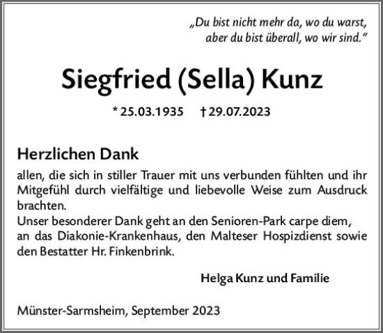 Traueranzeige von Siegfried  Kunz von Bingen/Ingelheim WOBL inkl. Neue Binger Ztg.