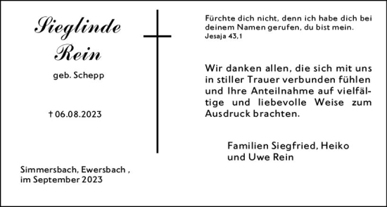 Traueranzeige von Sieglinde Rein von Dill Block