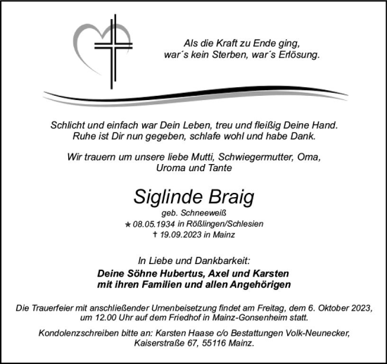 Traueranzeige von Siglinde Braig von Allgemeine Zeitung Mainz
