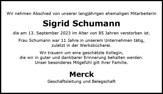 Traueranzeige von Sigrid Schumann von Darmstädter Echo