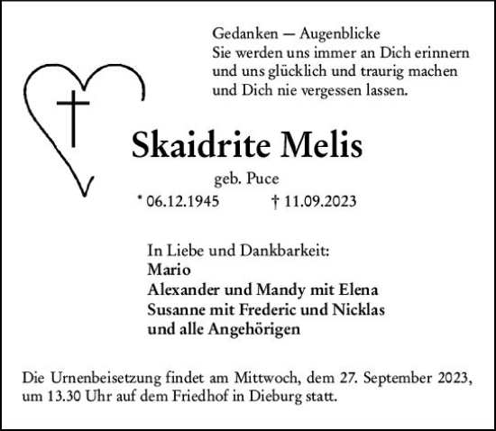 Traueranzeige von Skaidrite Melis von Dieburger Anzeiger/Groß-Zimmerner Lokal-Anzeiger
