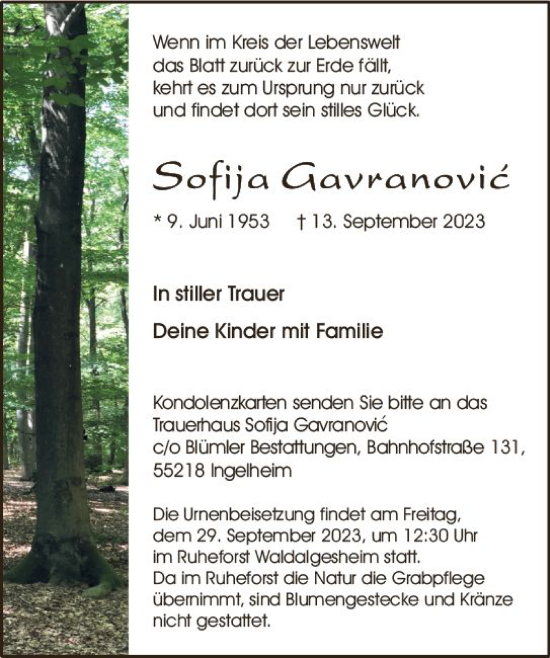 Traueranzeige von Sofija Gavranovic von Allgemeine Zeitung Bingen/Ingelheim