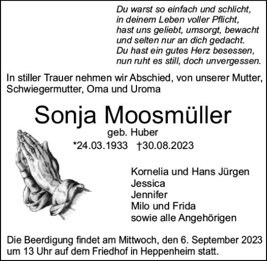 Traueranzeige von Sonja Moosmüller von Starkenburger Echo