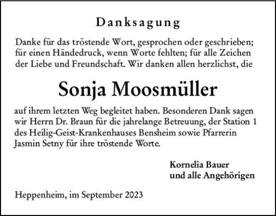 Traueranzeige von Sonja Moosmüller von Starkenburger Echo