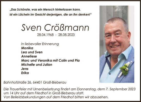 Traueranzeige von Sven Crößmann von Bergsträßer Anzeiger
