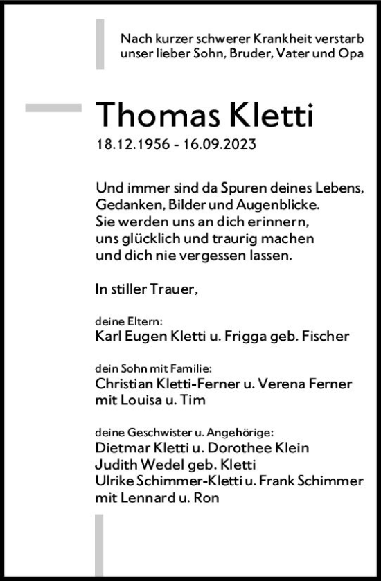 Traueranzeige von Thomas Kletti von Darmstädter Echo
