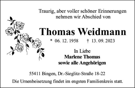 Traueranzeige von Thomas Weidmann von Bingen/Ingelheim WOBL inkl. Neue Binger Ztg.