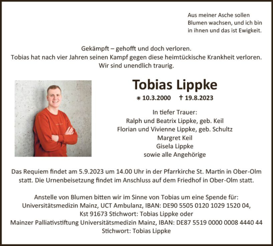 Traueranzeige von Tobias Lippke von Rüsselsheimer Echo