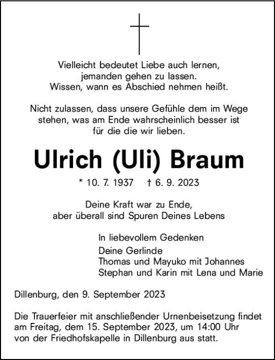 Traueranzeige von Ulrich Braum von Dill Block