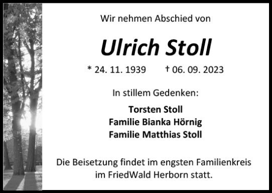 Traueranzeige von Ulrich Stoll von Dill Block