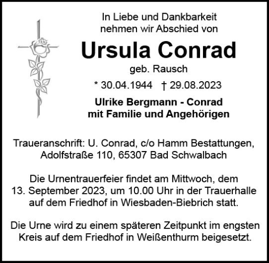 Traueranzeige von Ursula Conrad von Wiesbadener Kurier