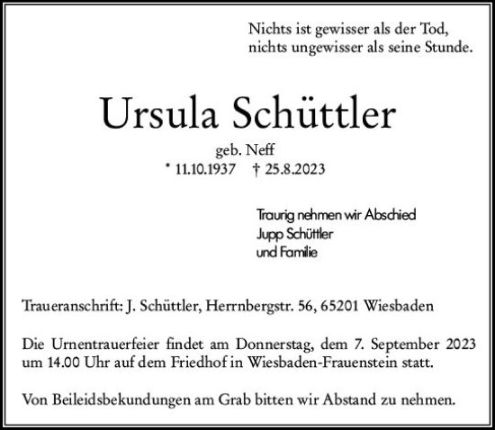 Traueranzeige von Ursula Schüttler von Wiesbadener Kurier