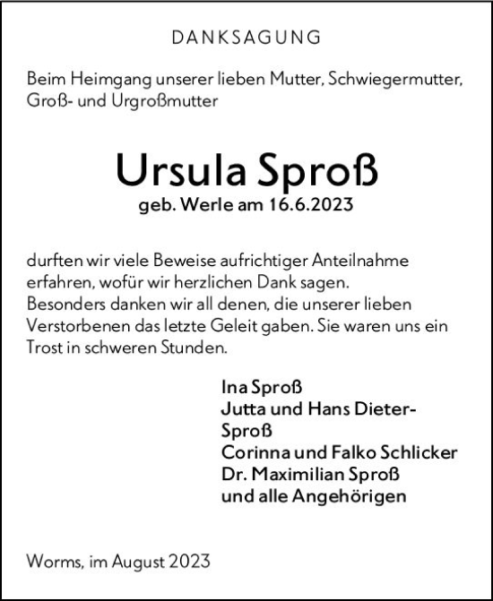 Traueranzeige von Ursula Sproß von Wormser Zeitung