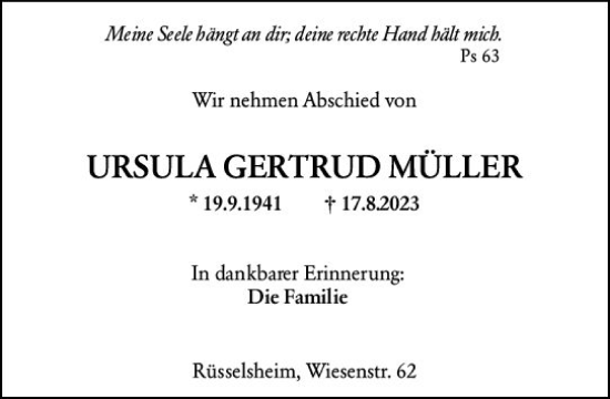Traueranzeige von Ursula Gertrud Müller von Rüsselsheimer Echo