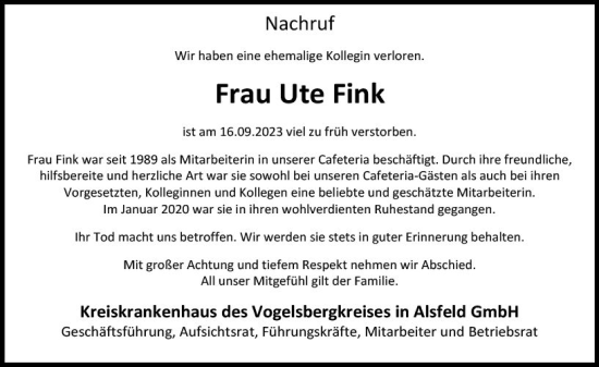 Traueranzeige von Ute Fink von VRM Trauer