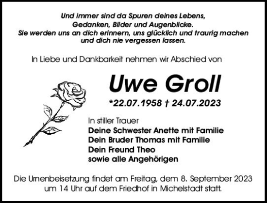 Traueranzeige von Uwe Groll von Odenwälder Echo