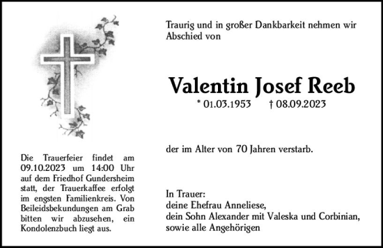 Traueranzeige von Valentin Josef Reep von Allgemeine Zeitung Alzey
