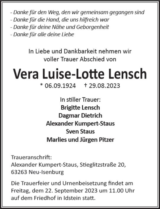 Traueranzeige von Vera Luise-Lotte Lensch von Wiesbadener Kurier