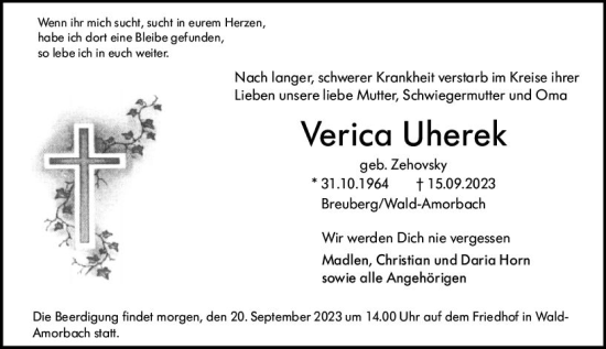 Traueranzeige von Verica Uherek von Odenwälder Echo
