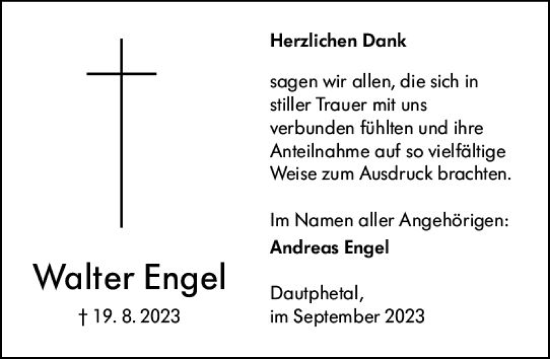 Traueranzeige von Walter Engel von Hinterländer Anzeiger