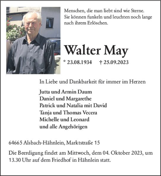 Traueranzeige von Walter May von Darmstädter Echo