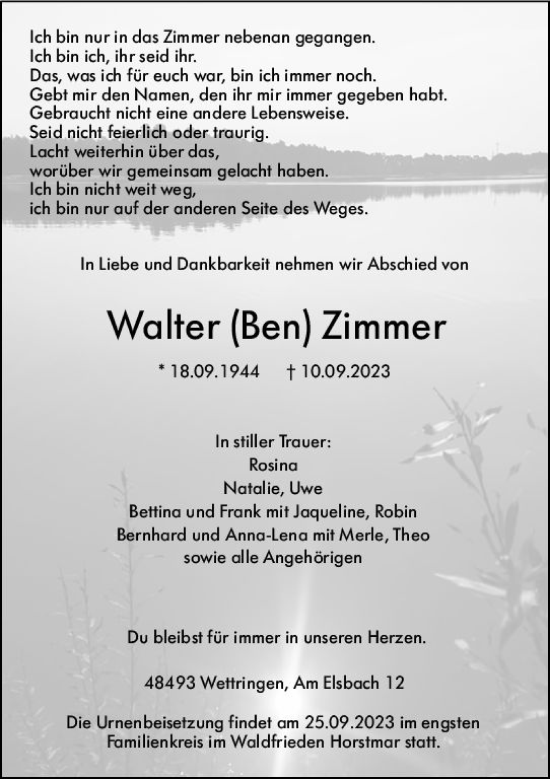Traueranzeige von Walter  Zimmer von Darmstädter Echo