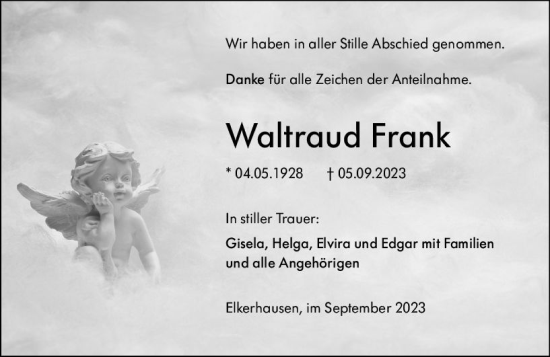 Traueranzeige von Waltraud Frank von Weilburger Tageblatt