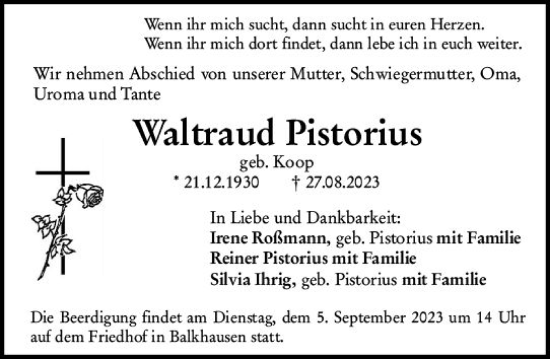 Traueranzeige von Waltraud Pistorius von Darmstädter Echo