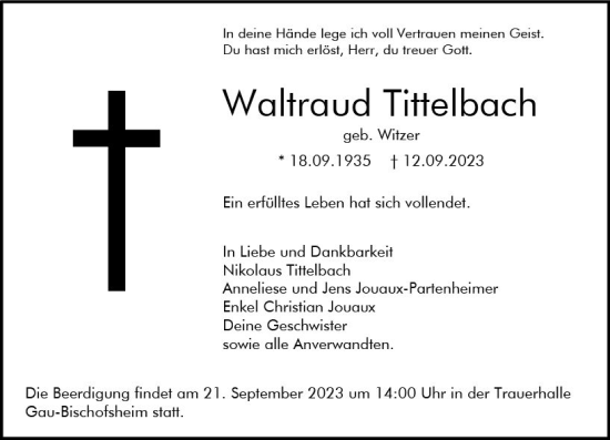 Traueranzeige von Waltraud Tittelbach von Allgemeine Zeitung Mainz