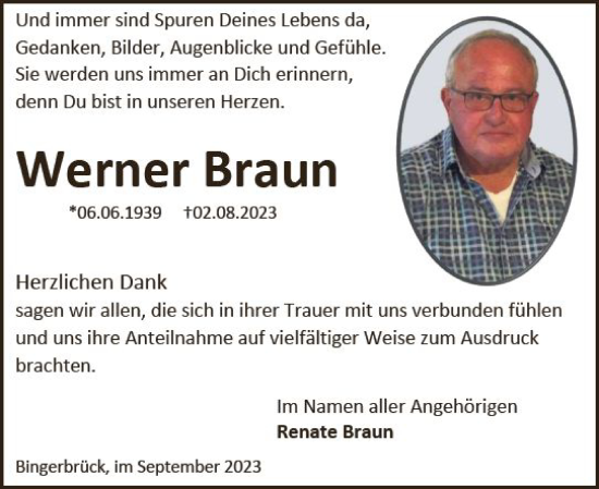 Traueranzeige von Werner Braun von Bingen/Ingelheim WOBL inkl. Neue Binger Ztg.