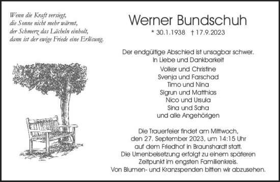Traueranzeige von Werner Bundschuh von Darmstädter Echo