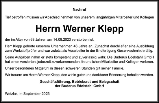 Traueranzeige von Werner Klepp von Wetzlarer Neue Zeitung