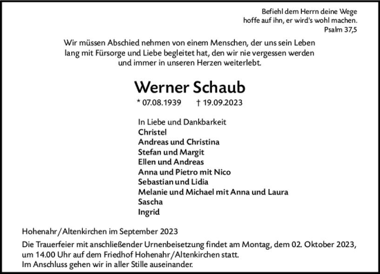 Traueranzeige von Werner Schaub von Wetzlarer Neue Zeitung