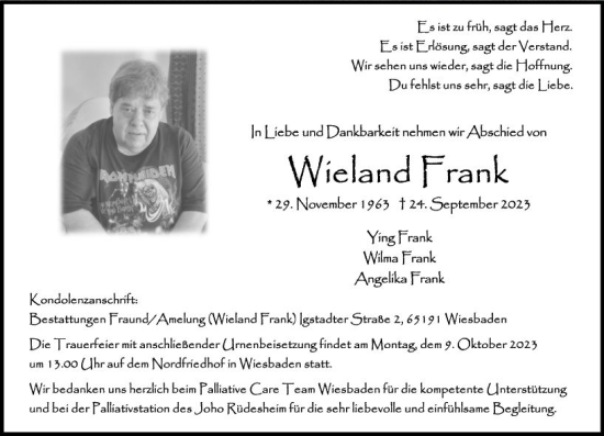 Traueranzeige von Wieland Frank von Wiesbadener Kurier