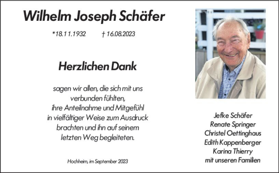 Traueranzeige von Wilhelm Joseph Schäfer von Hochheimer Zeitung