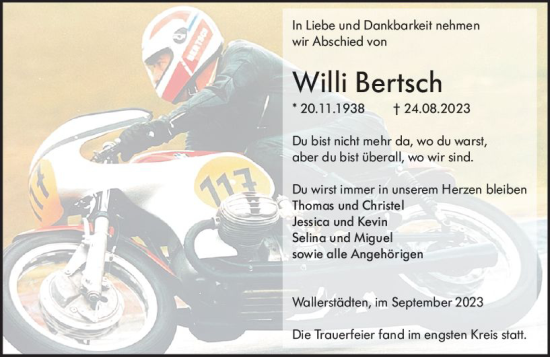 Traueranzeige von Willi Bertsch von Groß-Gerauer Echo
