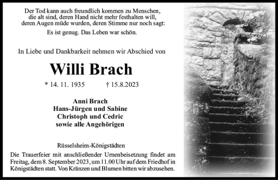 Traueranzeige von Willi Brach von Rüsselsheimer Echo