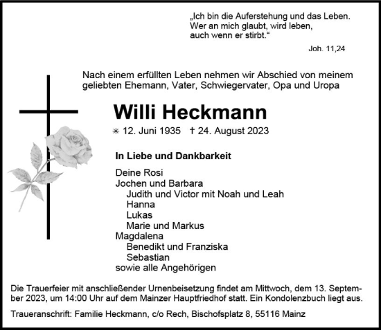 Traueranzeige von Willi Heckmann von Rüsselsheimer Echo