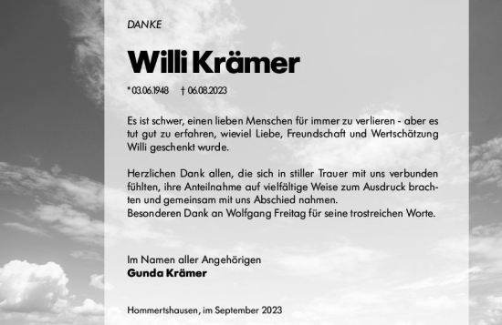 Traueranzeige von Willi Krämer von Hinterländer Anzeiger