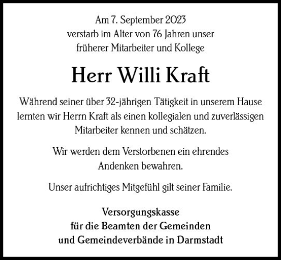 Traueranzeige von Willi Kraft von Darmstädter Echo